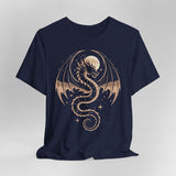 Navy blue t-shirt with a gold dragon and full moon design