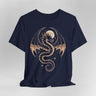 Navy blue t-shirt with a gold dragon and full moon design