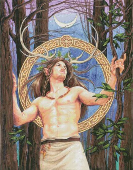 The Celtic god  Cernunnos with antlers standing in a nighttime forest. Cross stitch pattern mockup, art by Jane Starr Weils