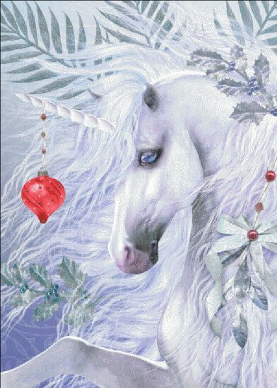 Christmas Unicorn cross stitch by Laurie Prindle featuring a white unicorn with red ornament dangling from horn
