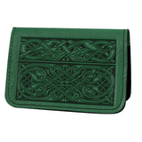 Leather card holder with Celtic knotwork dog design in green