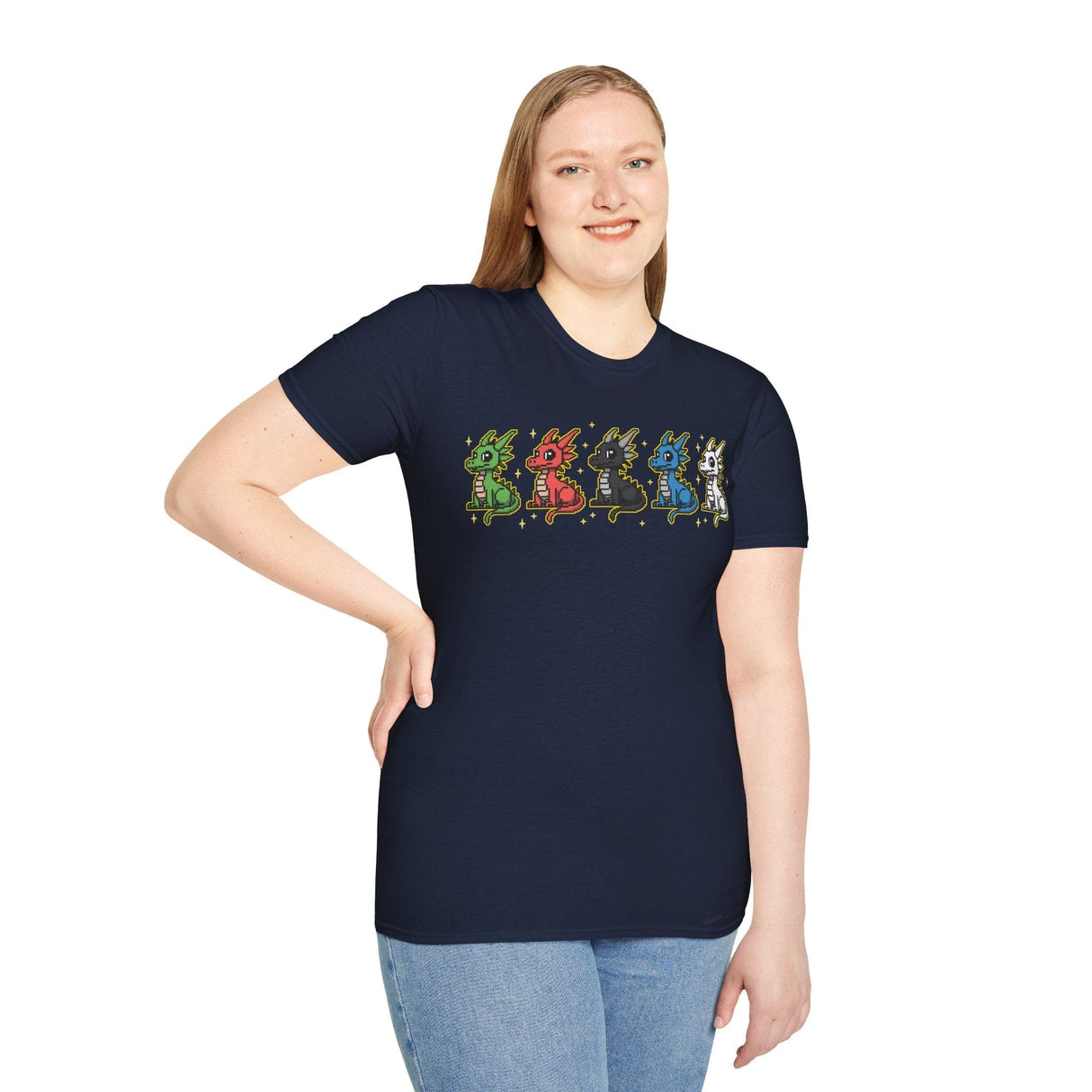Woman wearing dark blue t-shirt with colorful dragon design