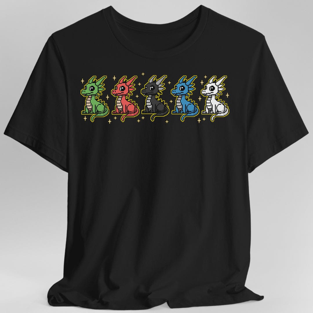 Black t-shirt with colorful dragon design on a gray background