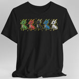 Black t-shirt with colorful dragon design on a gray background