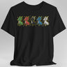 Black t-shirt with colorful dragon design on a gray background