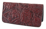 Leather checkbook holder with a wild rose design in wine color