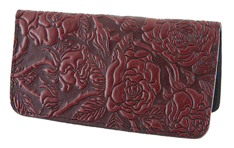 Leather checkbook holder with a wild rose design in wine color
