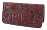 Leather checkbook holder with a wild rose design in wine color