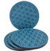 Set of 4 leather coasters in Flower of Life repeating design, shown in blue