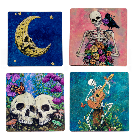 Set of four skeleton and skull coasters by David Lozeau