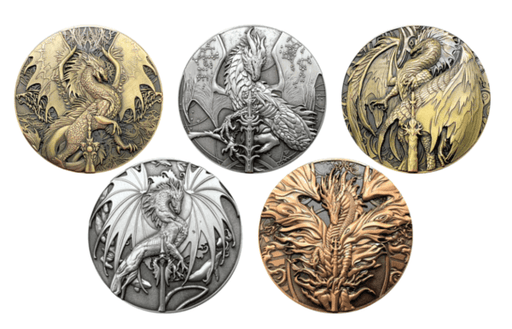 Ruth Thompson Dragonblades collectible coins, set of 5 in gold, silver and copper colors