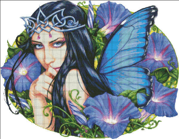Cross stitch mockup of a black-haired, blue winged fairy queen posing in purple morning glory flowers