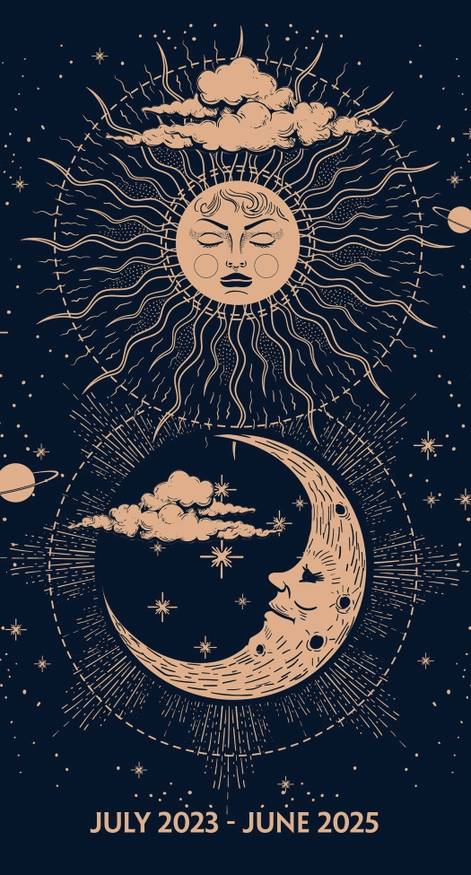 Celestial Soul Academic planner with sun and moon, July 2023 - June 2025, front cover