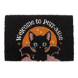 Doormat with a winged black cat design and 'Welcome to Purr-adise' text on a black background