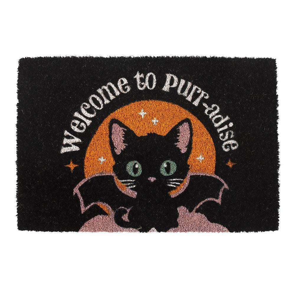 Doormat with a winged black cat design and 'Welcome to Purr-adise' text on a black background