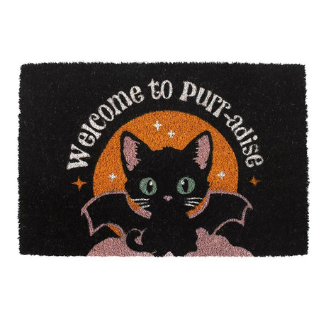 Doormat with a winged black cat design and 'Welcome to Purr-adise' text on a black background