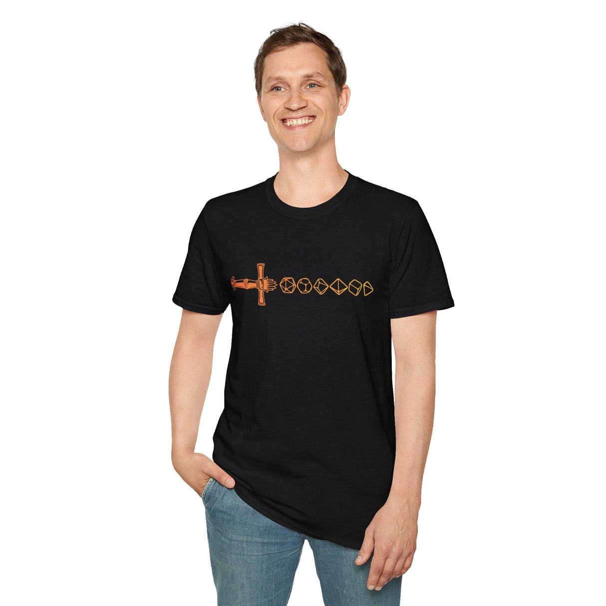 Person wearing a black t-shirt with gradient dice sword design