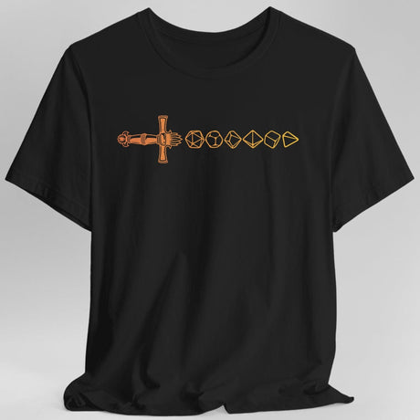 Black t-shirt with gradient dice sword design