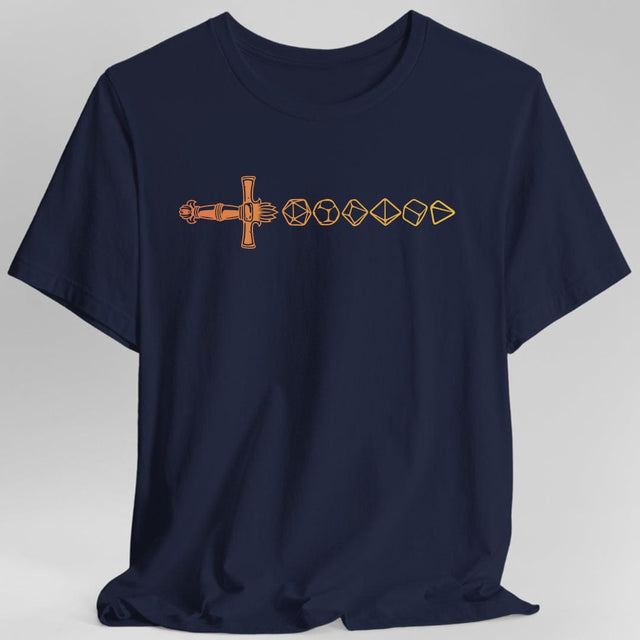 Navy blue t-shirt with gradient dice sword design