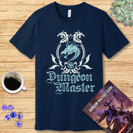 Navy blue t-shirt with 'Dungeon Master' design on a wooden surface with coffee and dice.