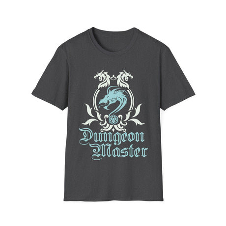 Dark gray t-shirt with 'Dungeon Master' design featuring dragons on a white background