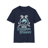 Navy blue t-shirt with 'Dungeon Master' design on a white background