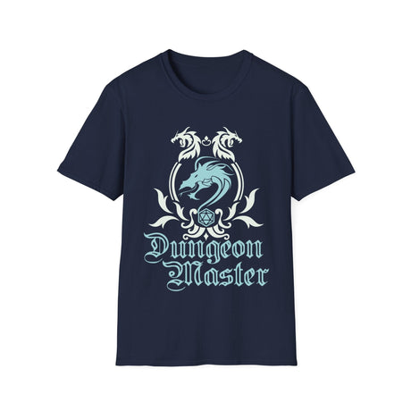 Navy blue t-shirt with 'Dungeon Master' design on a white background