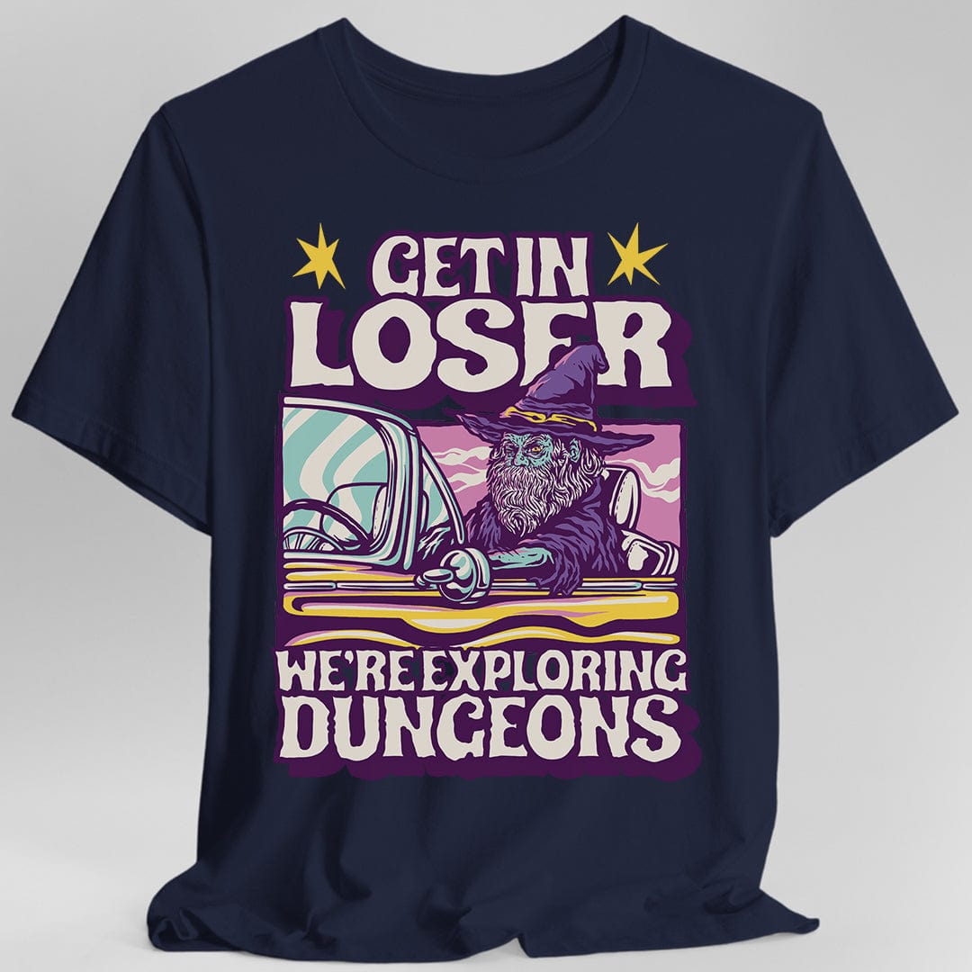 Navy blue t-shirt with a graphic design featuring a wizard in a car and text 'Get in loser, we're exploring dungeons'