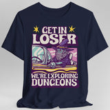Navy blue t-shirt with a graphic design featuring a wizard in a car and text 'Get in loser, we're exploring dungeons'