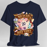 Navy t-shirt with a colorful dice design and 'No Plan Just Vibes' text 