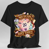 Black t-shirt with a colorful dice design and 'No Plan Just Vibes' text 