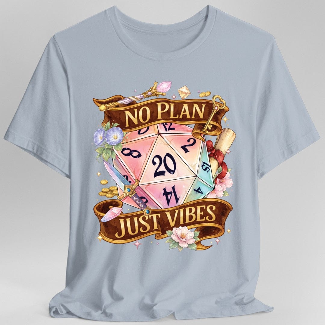 Light Blue t-shirt with a colorful dice design and 'No Plan Just Vibes' text 