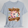 Light Blue t-shirt with a colorful dice design and 'No Plan Just Vibes' text 