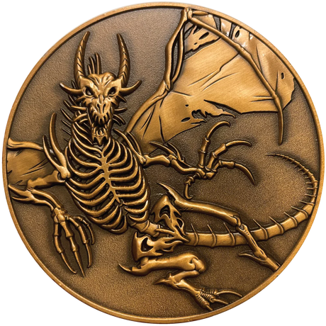 Collectible coin, antique copper color, skeletal dragon