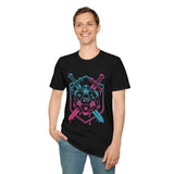 Person wearing a black t-shirt with a D20 dice design, swords, and pink and blue colors