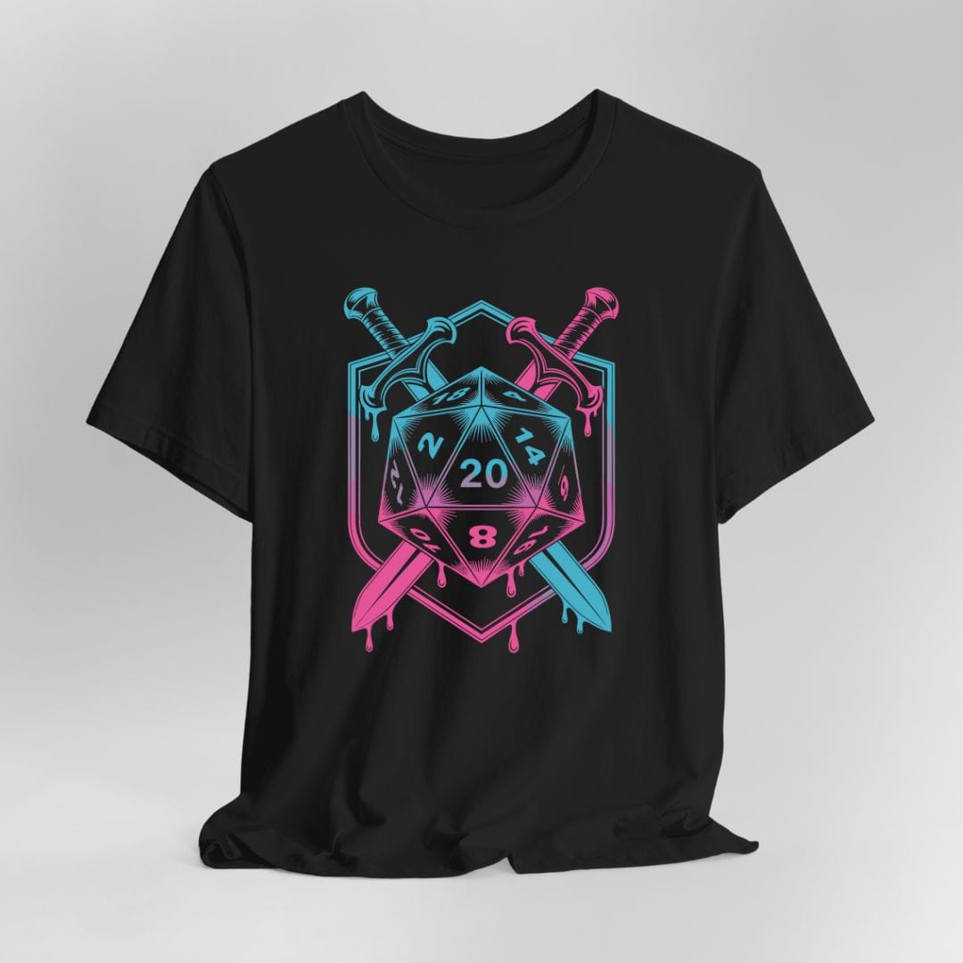 Black t-shirt with a D20 dice design, swords, and pink and blue colors