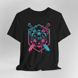 Black t-shirt with a D20 dice design, swords, and pink and blue colors
