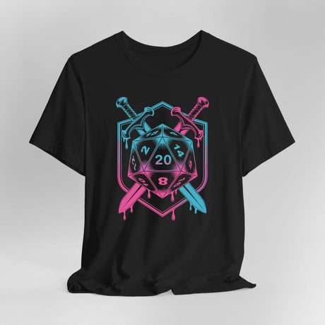 Black t-shirt with a D20 dice design, swords, and pink and blue colors