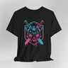 Black t-shirt with a D20 dice design, swords, and pink and blue colors