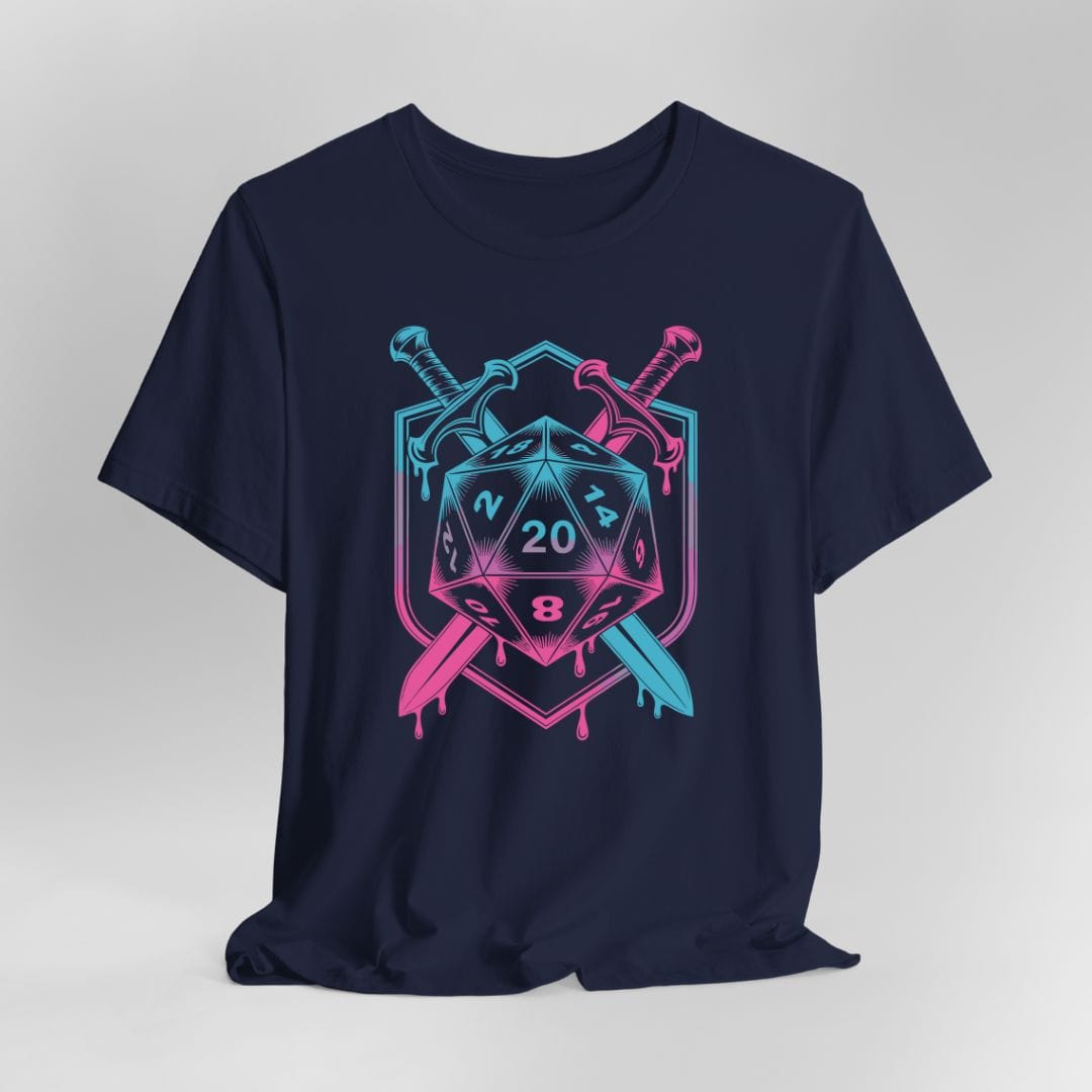 Navy blue t-shirt with a D20 dice design, swords, and pink and blue colors