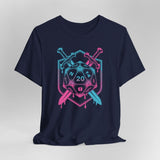 Navy blue t-shirt with a D20 dice design, swords, and pink and blue colors