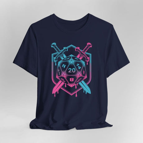 Navy blue t-shirt with a D20 dice design, swords, and pink and blue colors