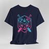 Navy blue t-shirt with a D20 dice design, swords, and pink and blue colors