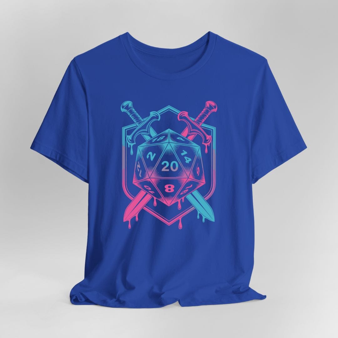 Blue t-shirt with a D20 dice design, swords, and pink and blue colors