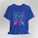 Blue t-shirt with a D20 dice design, swords, and pink and blue colors