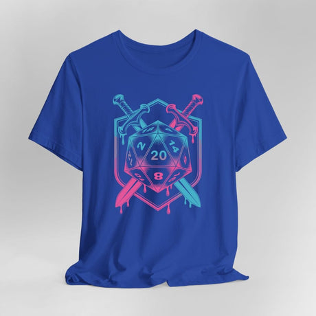 Blue t-shirt with a D20 dice design, swords, and pink and blue colors