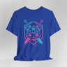 Blue t-shirt with a D20 dice design, swords, and pink and blue colors