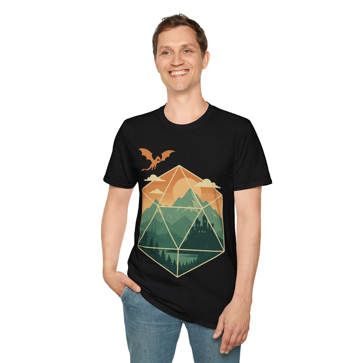 Black t-shirt with a geometric dice landscape design featuring a dragon, mountains, and a castle, worn by a man