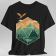 Black t-shirt with a geometric dice landscape design featuring a dragon, mountains, and a castle 