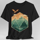 Black t-shirt with a geometric dice landscape design featuring a dragon, mountains, and a castle 